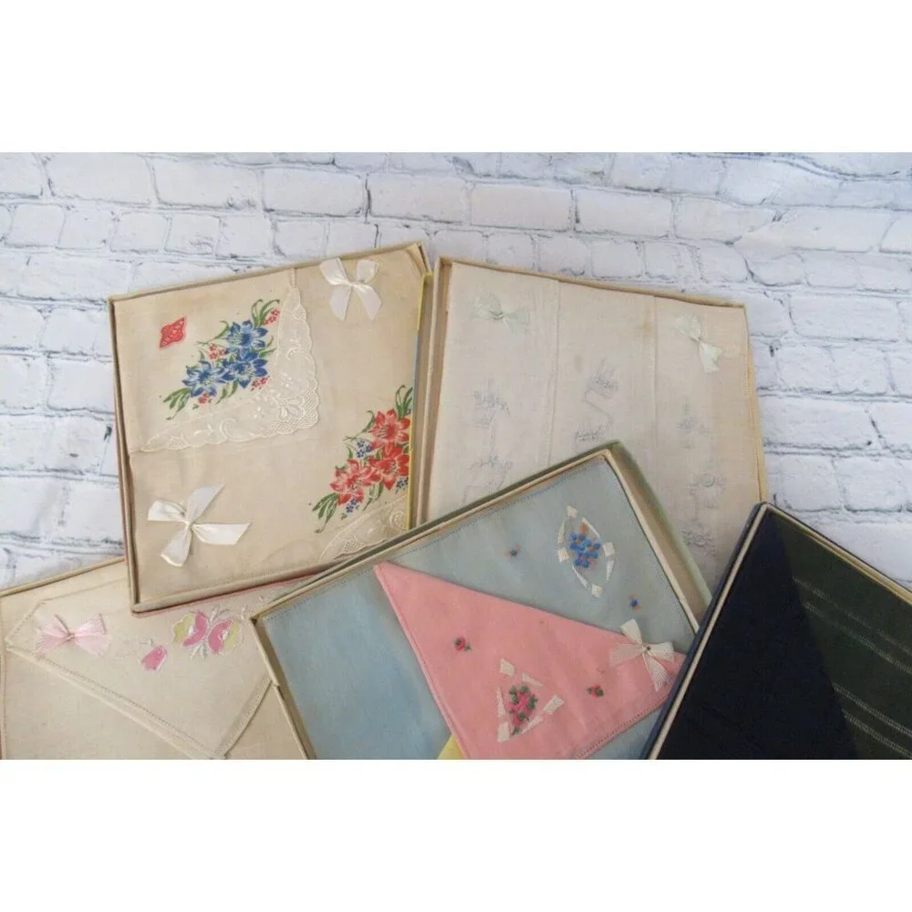 Vintage MCM Handkerchiefs Lot 10 Lace Embroidered Prints Solids Mix Some In Box